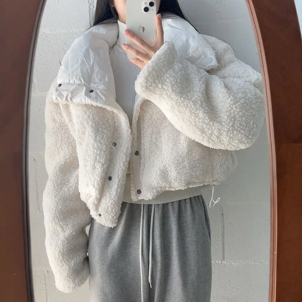 Korean Double-Sided Wear Lamb Fur Patchwork Down Cotton Jacket Women's Autumn Winter Fashion Short Big Lapel Student Bread Coat