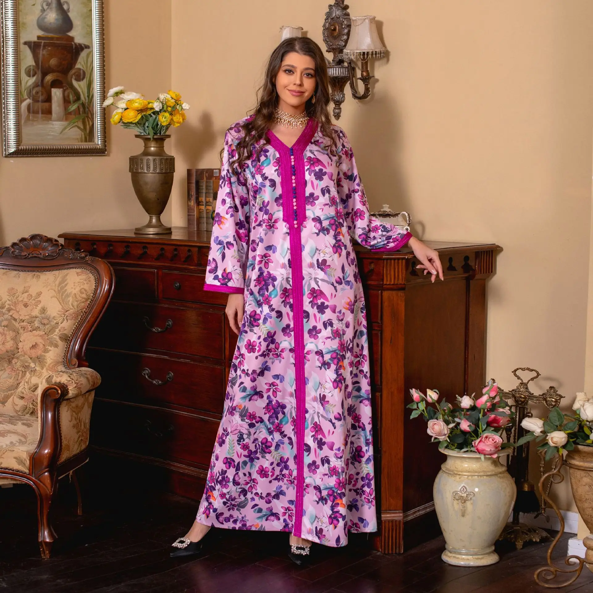 Ramadan Abaya Arabic Long Gulf Jalabiya Dress for Women Trim Floral Print Muslim Dresses Moroccan Kaftan Dubai Islamic Clothing
