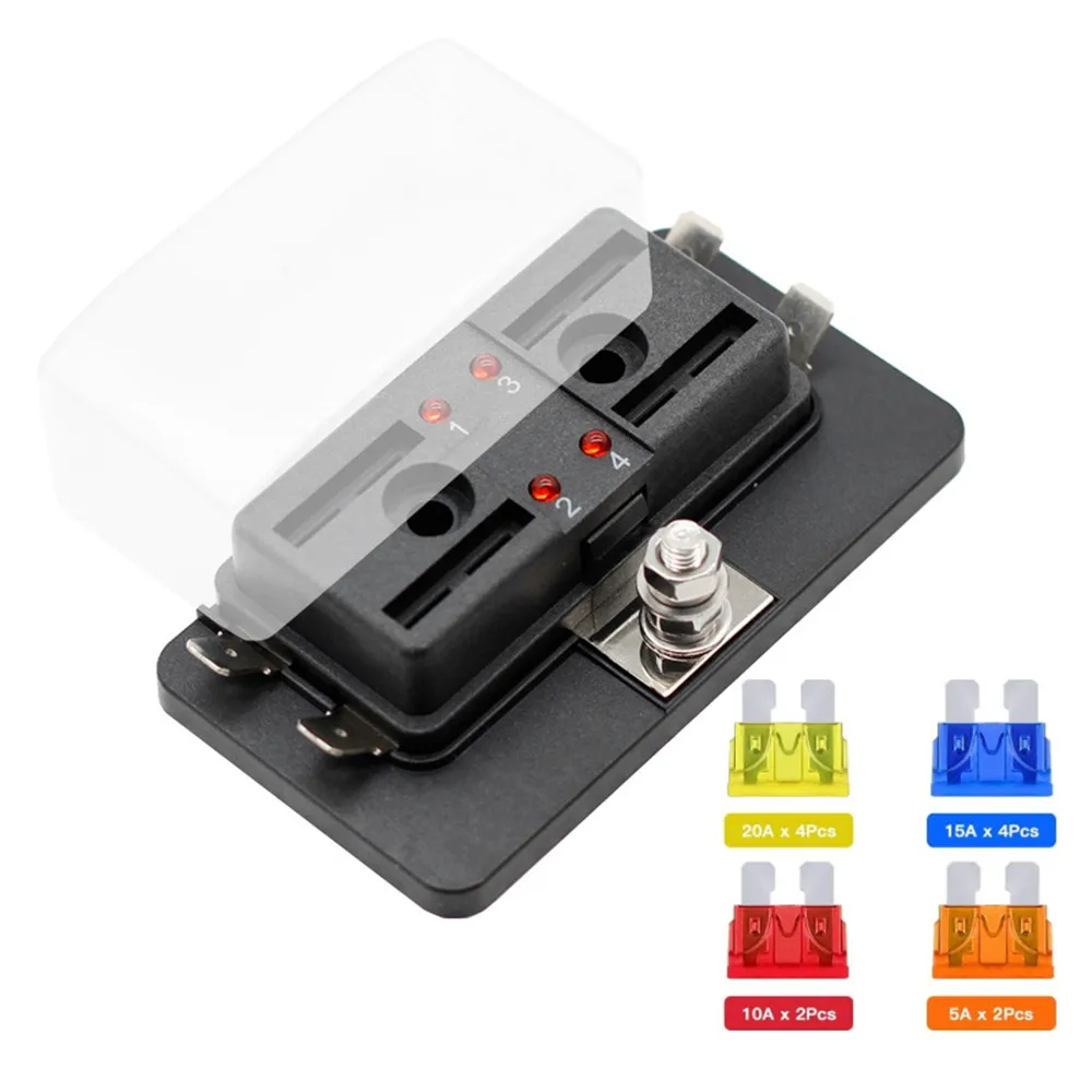 4 Ways Blade Fuse Box Holder with LED Warning Light for Car Boat Marine Trike 12V 24V guitar effect pedal power supply adapter with 6 ways daisy chain cable power line right angle