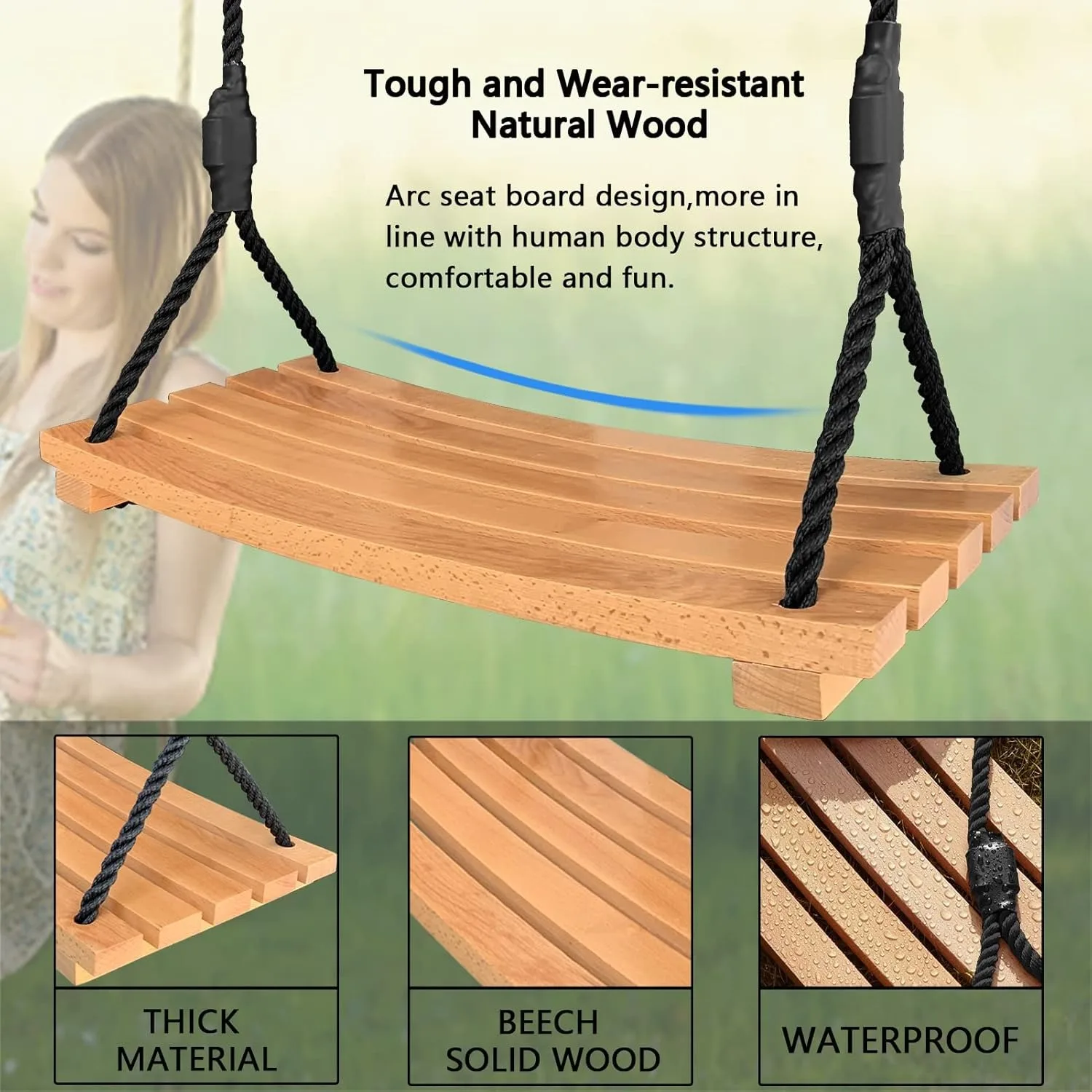 Wooden Swing Seat Hanging Tree Swing Outdoor Wood Swing Set Accessories with Height Adjustable Nylon Hanging Rope 3