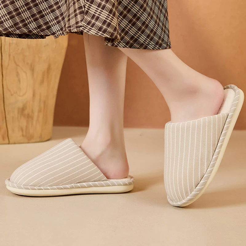 Anti Slip Striped Home Slippers Women Autumn Winter Indoor Warm Short Plush Slides Woman Comfortable Soft Sole Cotton Shoes 45