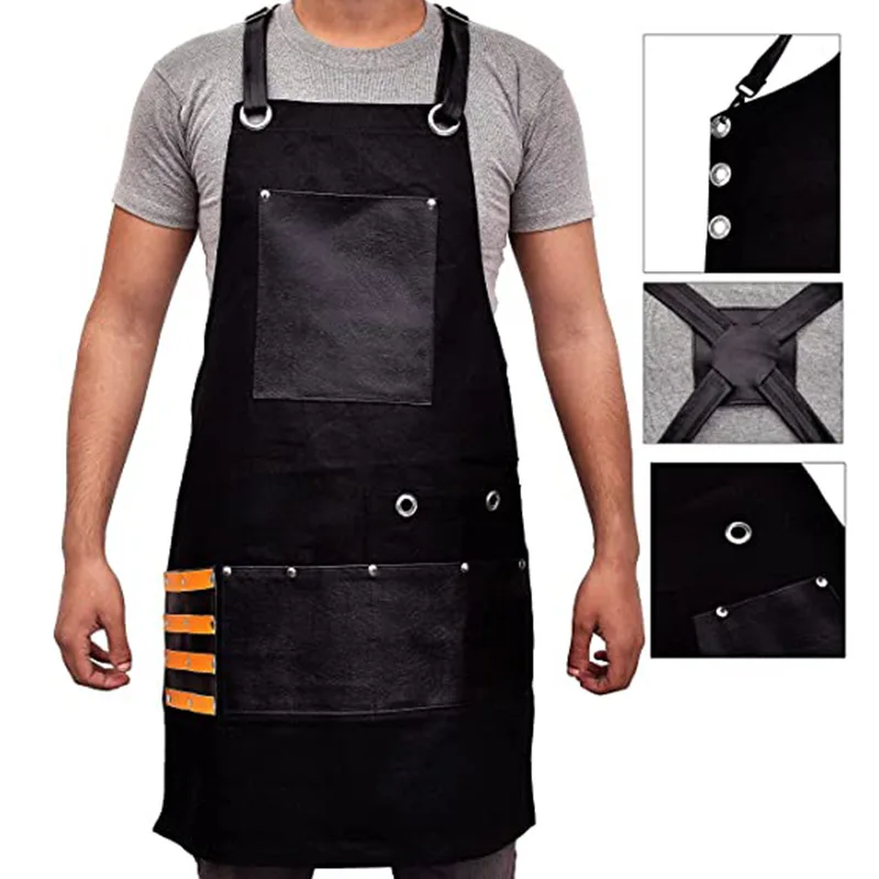 

Fashion Thickened Canvas Woodworking Electrician Gardening Work Clothes PU Leather Pocket Tools Overol Waterproof Long Apron