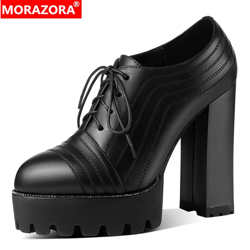 

MORAZORA New Patent Genuine Leather Shoes Women Pumps Lace Up Platform Shoes Chunky High Heels Ladies Party Wedding Shoes