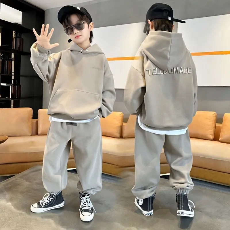 

Autumn Junior Boys Casual Sweatshirt Suit Clothes Kids Embroidered Letters Hooded Top Long Pants 2 Piece Set 3-15Y Spring Trend