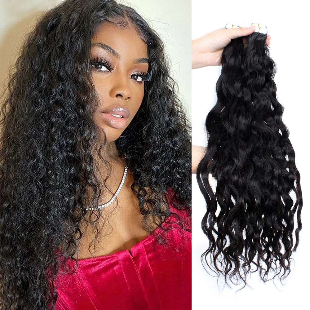 Water Wave Bundles Tape In Human Hair Extensions Natural Black For