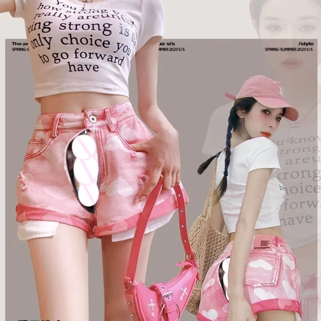 

Invisible Open Crotch Outdoor Sex Pink Love Cuffed Sexy Jeans Women's High Waist Denim Shorts Summer Y2k Pants Baggy Streetwear