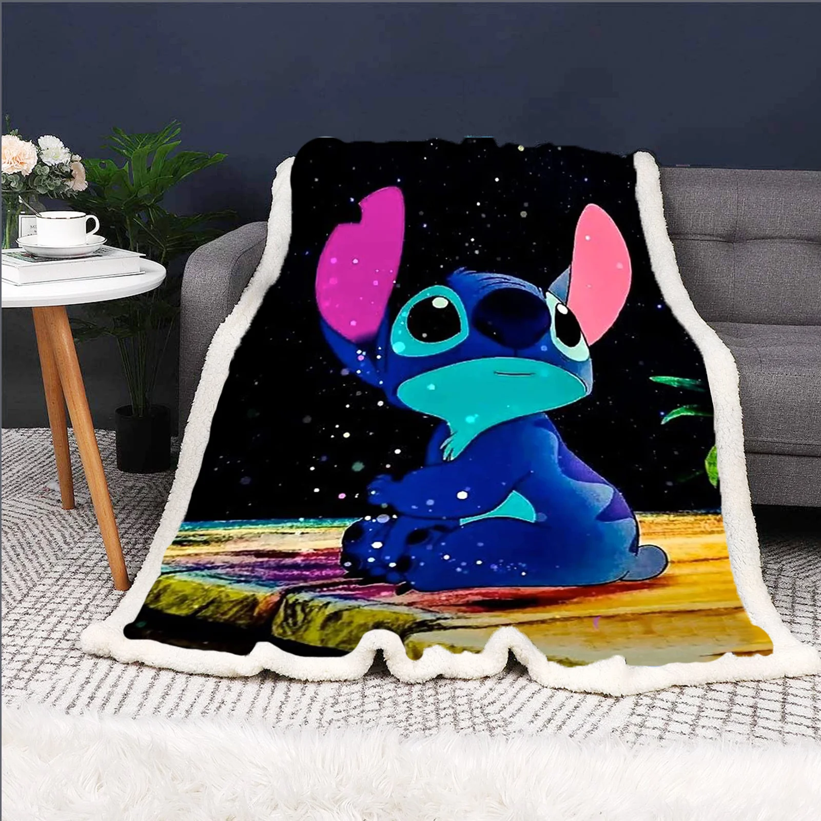 

Disney Stitch Cartoon Blanket Custom Kawaii Fluffy Modern Winter Plush Furry Children Printed Reactive Printing And Throws