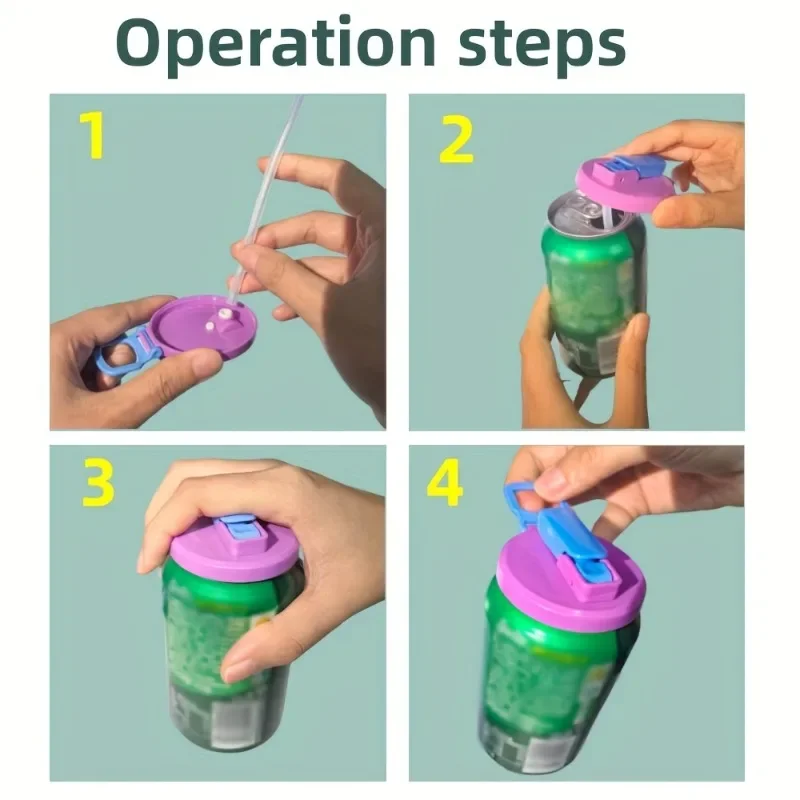 1set Four Colors Reusable Soft Drink Can Lid Can Be Used for Beverages, Juices and Soft Drinks Comes with A Straw Reusable Straw