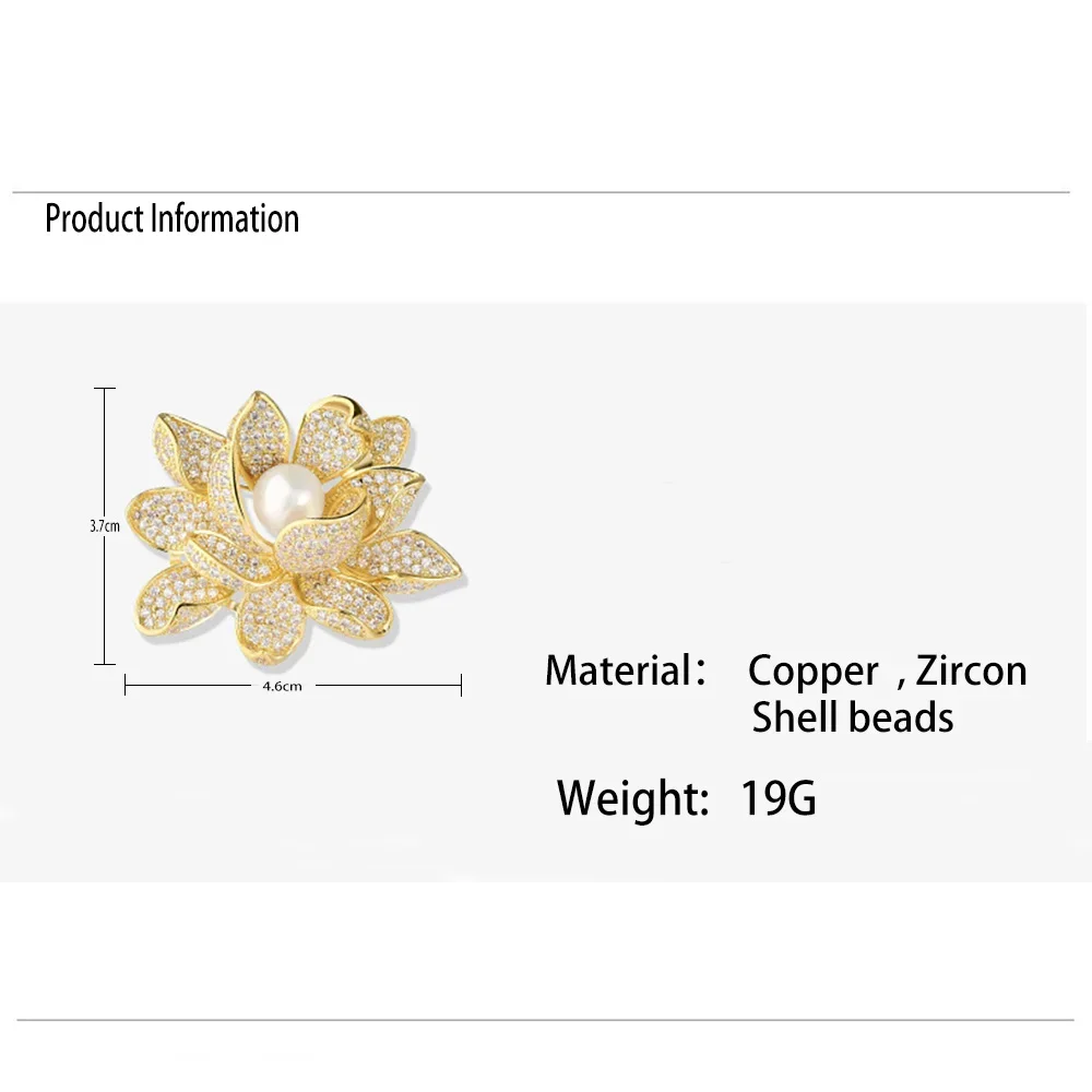 fashion Brooch for Women Gold Color Lotus Flower Brooches Pearl Zircon Inlaid Copper Pins jewelry Gifts Wholesale direct sales