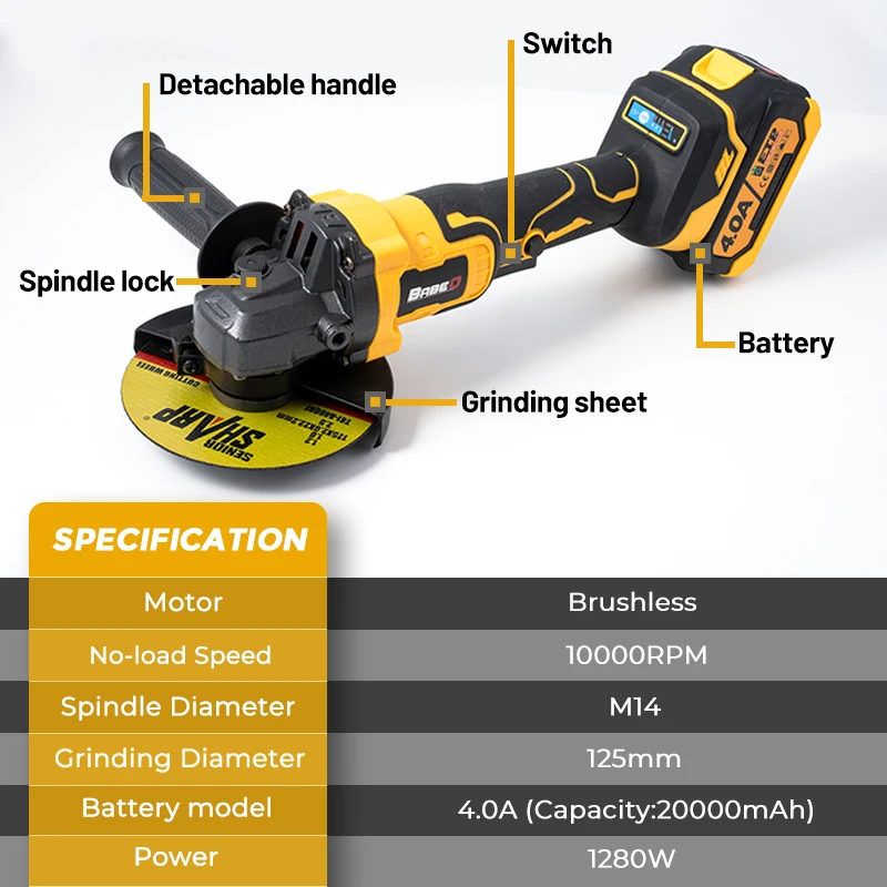 BABEQ 125mm M14 Brushless Electric Angle Grinder 3 Speeds Cordless Grinder Cutting Woodworking Power Tool with Grinding Disc Set 2