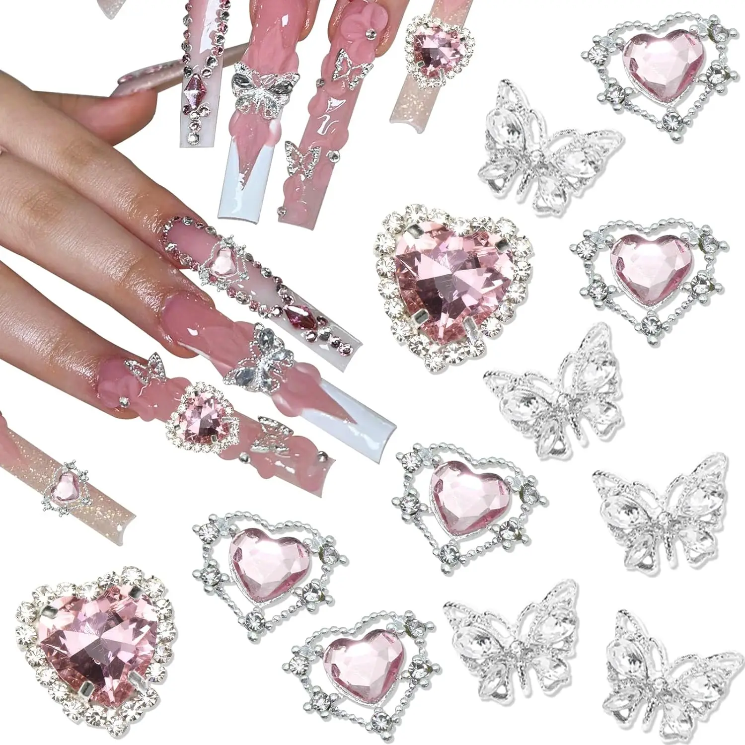 Roze Hart Nail Art Charme 3d Zilver Legering Vlindervorm Nagel Steentjes Valentijnsdag Manicure Diy Ambachten Ontwerp Decoratie