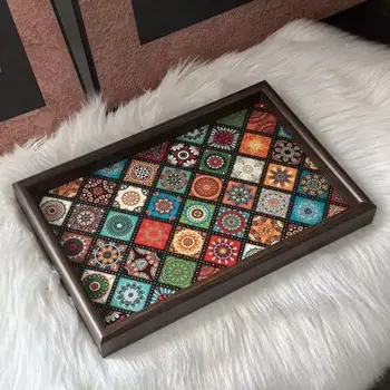 Vassoio in Legno Stile Bohémien Durevole, Fatto a Mano, Quadrato, 30x20cm, Portaoggetti per Snack, Scatola Portachiavi per Decorazione Scrivania e Ingresso, Organizzazione Domestica