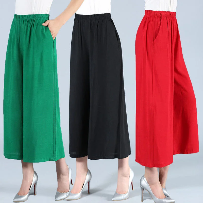 Summer Women Wide Leg Pants Loose Woman Ankle-Length Skirts Pants Casual Cotton Linen Solid Color Elastic Waist Cropped Trousers