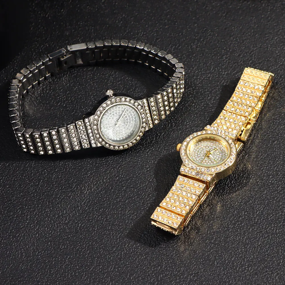 Iced Out Rose Gold Silver Color Watch Women's Luxury Rhinestone Cuban Chain Bracelet Watches Fashion Wrist Watch Hip Hop Jewelry