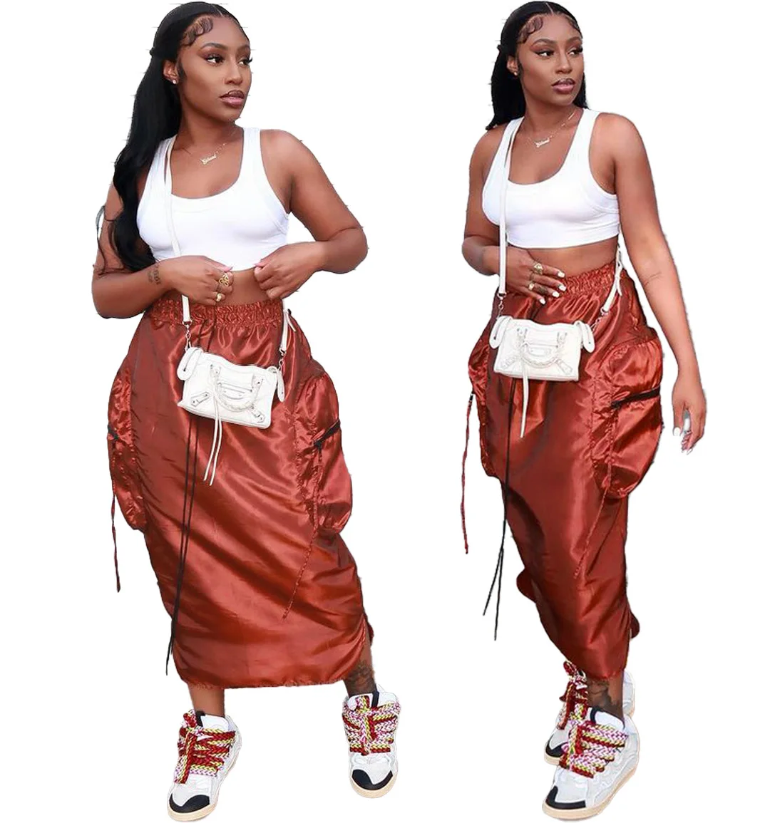 

Women Bust Skirt Solid Color Reflective Elastic High Waist Lace-up Side Large Pocket Loose One Step Skirt for Ladies Streetwear