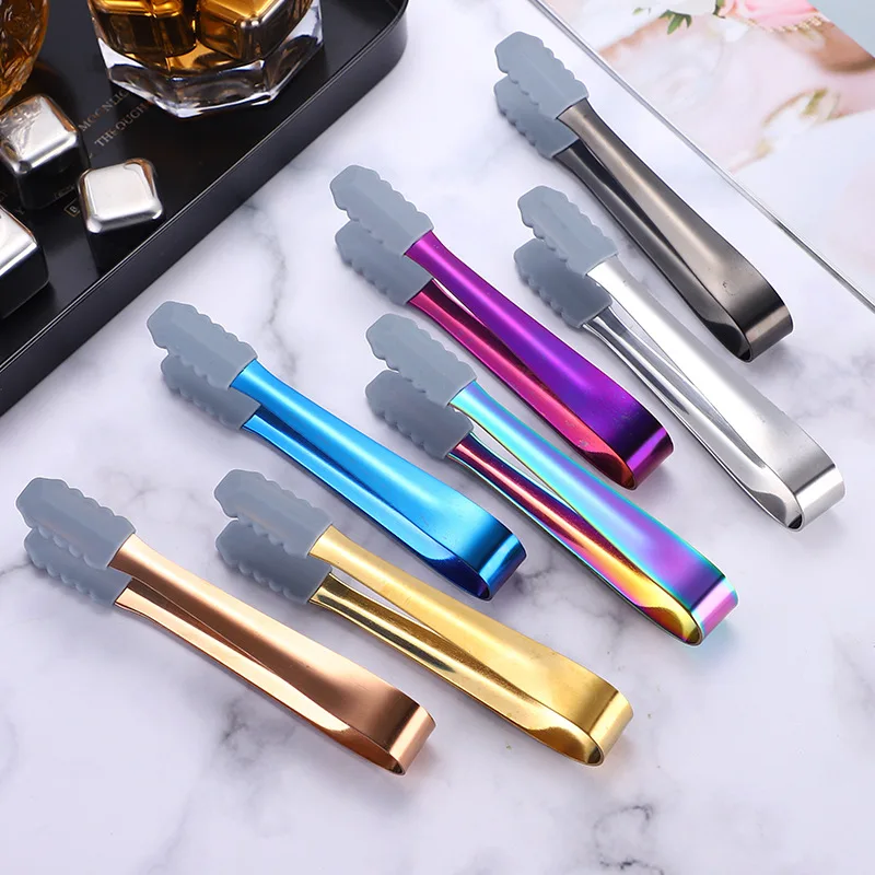 Silicone Head Stainless Steel Food Ice Cube Clip Non-Slip Mini Sugar Dessert Clamp Barbecue Bread Tongs Coffee Bar Utensils