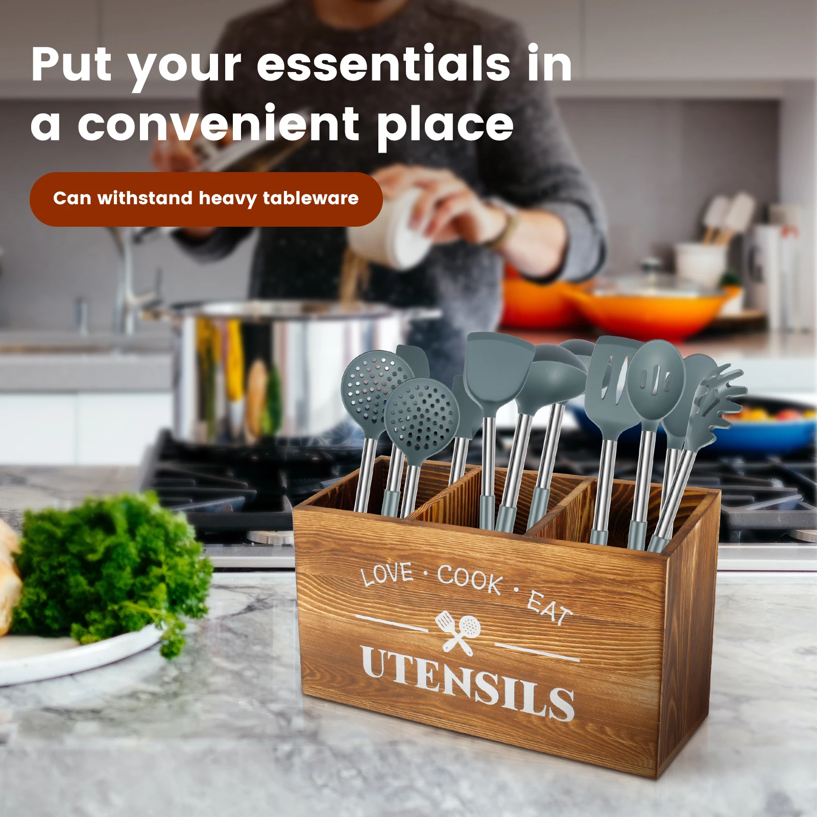 Wood Kitchen Utensil Holder Spoon Fork Tableware Storage Rack Container Large Kitchen Utensil Caddy Organizer Silverware Holder 4