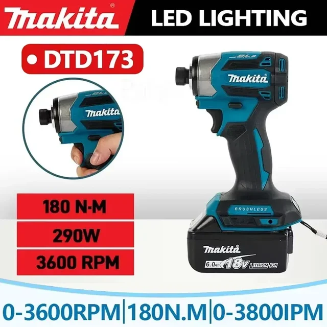 Makita DTD173 1800 tr/min tournevis à percussion sans fil 180N.m moteur sans brosse perceuse électrique bois/boulon/Mode T pour batterie Makita 1
