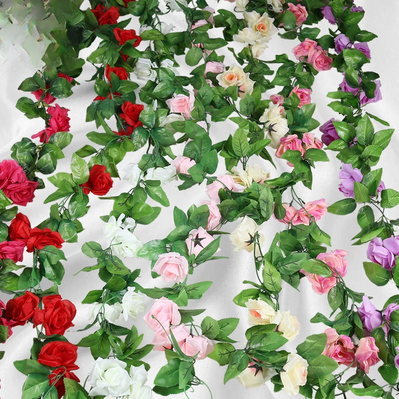 

Silk Artificial Rose Vine Hanging Flowers for Wall Rattan Fake Plants Leaves Garland Wedding Home Garden Arch Decoration