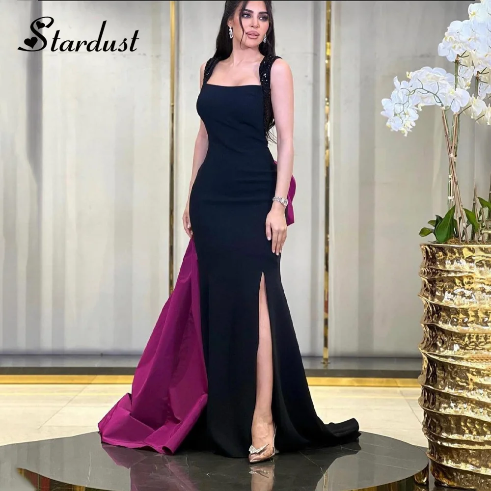 

Stardust Attractive Straight Prom Dresses Square Collar Bow Knot Sequined Sweep Train Slit Dubai Vestidos Largos Custom Made