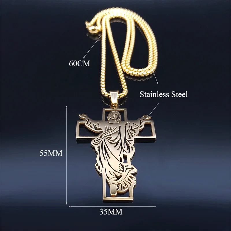 Jesus Cross Stainless Steel Pendant Necklace Gold Color for Women