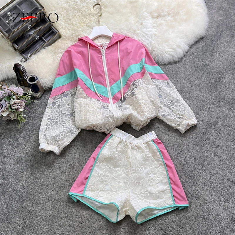 

Long Sleeve Lace Patchwork Sunscreen Hooded Jacket + High Waist Lace Shorts Set Summer Clothing for Women 2 Piece Set Outfits