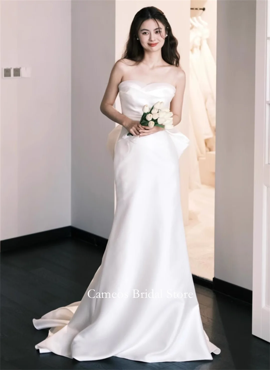 SONDR Customized Wedding Dresses Sleeveless Ivory Strapless Korea Satin Mermaid Bowith Brides Gowns Women Bridal Dresses