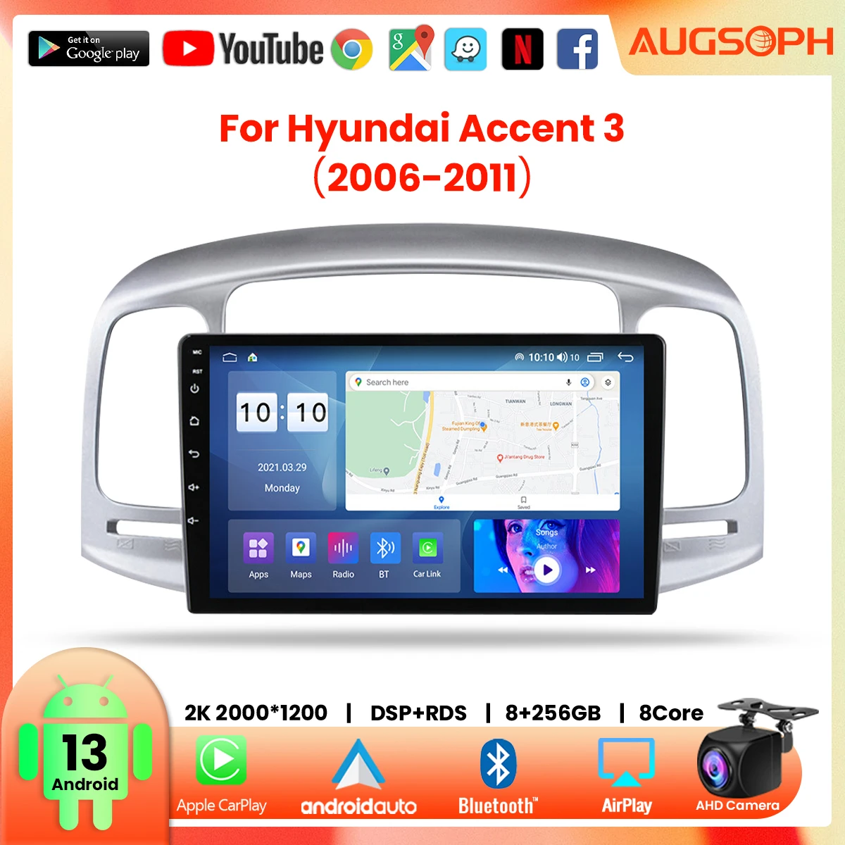 

Автомагнитола на Android 13 для Hyundai Accent 3 2006-2011,9 дюйма 2K мультимедийный плеер с 4G Car Carplay и 2Din GPS