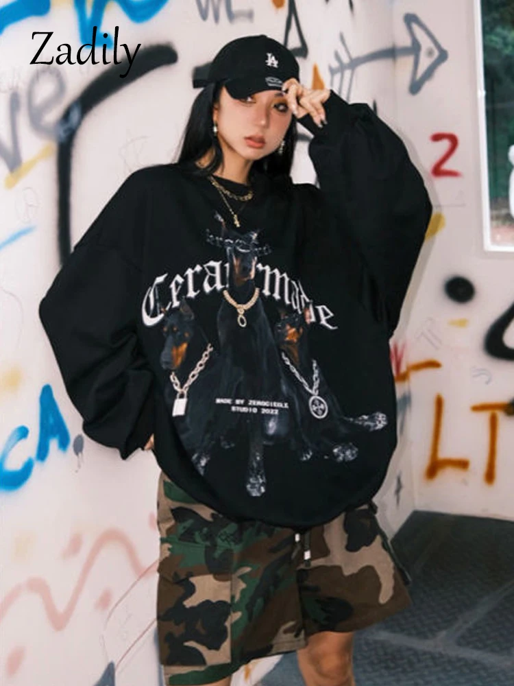 

Zadily 2022 Winter Hip Hop Dog Print Women Sweatshirt Streetwear Oversize Long Sleeve Thick Ladies Hoodies Female Pullover Tops
