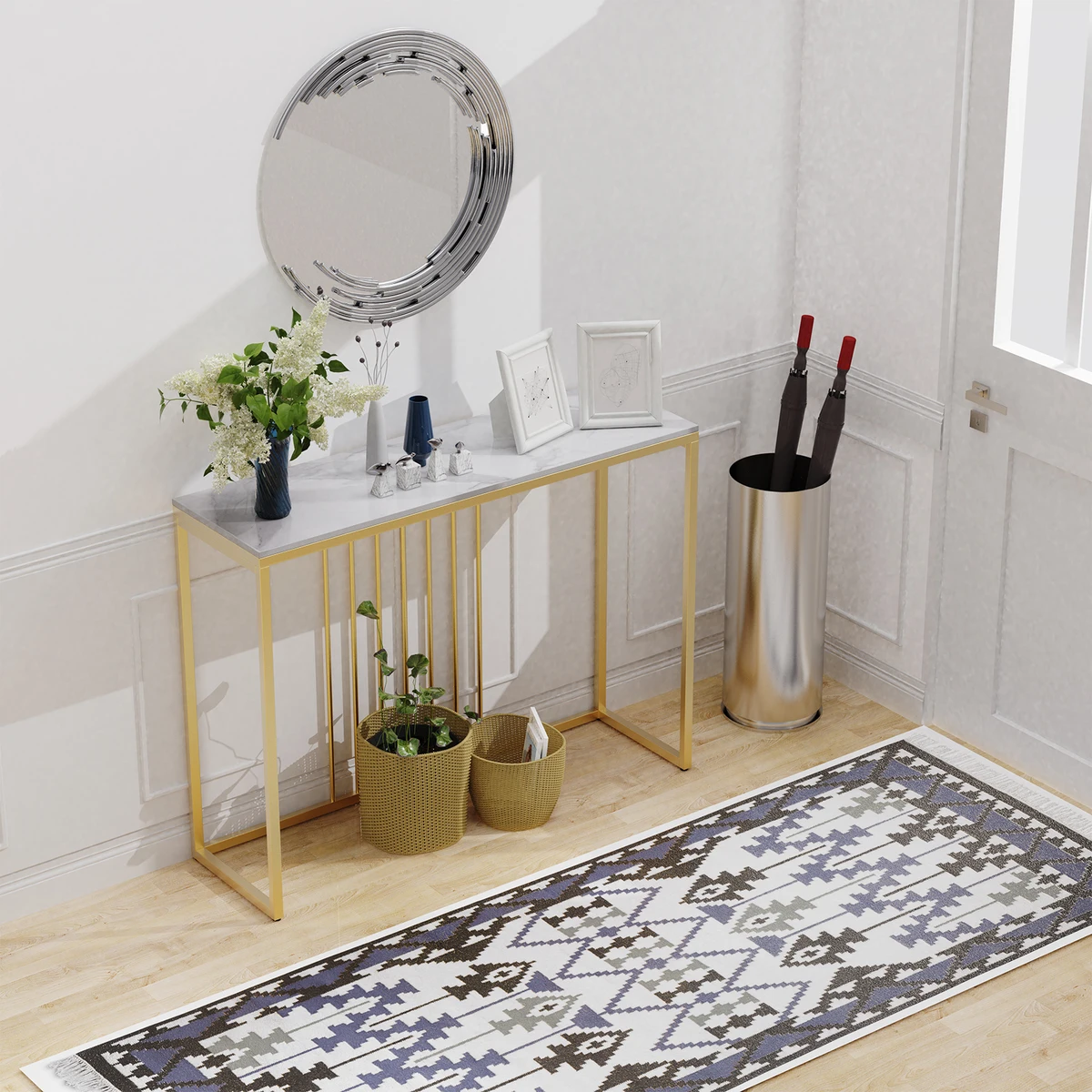 Modern Accent Console Marble Table Gold Metal Frame Storage Display Shelf Narrow Table for Hallway Entryway Living Room Entrance — view 3