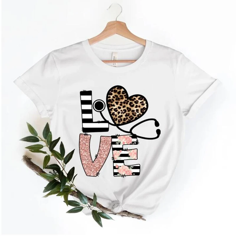

Leopard Shining Love Nurse Letter Print Tshirt Women'S Clothing Funny White Summer Fashion T Shirt Femme Harajuku Shirt