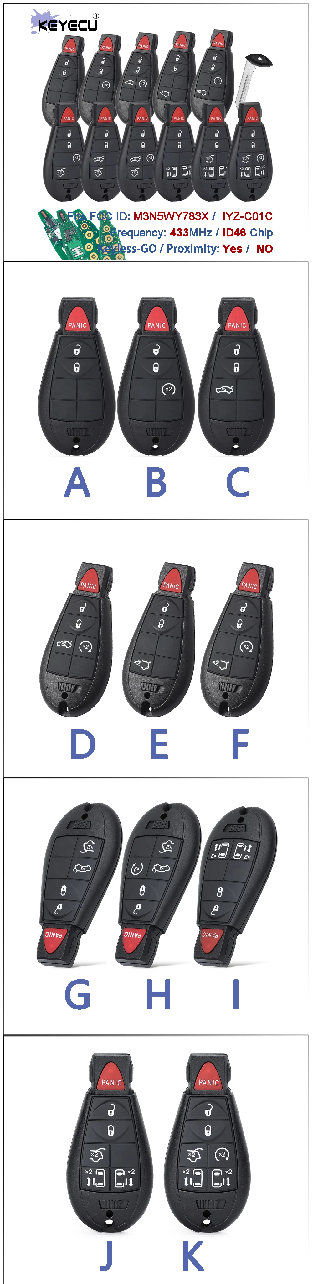 KEYECU 433 MHz ID46 Chip M3N5WY783X / IYZ-C01C Keyless-Go Smart Remote Key Fobik Fob für Chrysler Jeep Dodge Ram Trunk 2008-2014 – Detail 1