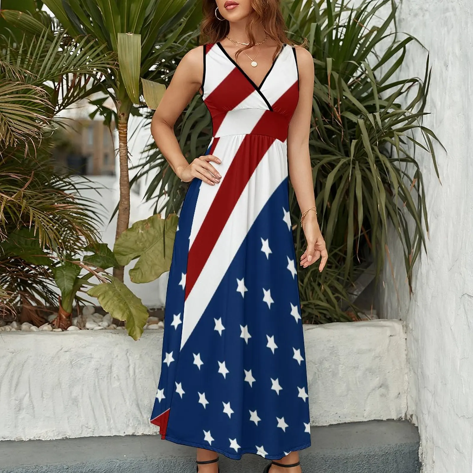 American Flag Dress Patriotic Flag Star Design Boho Beach Long Dresses V  Neck Print Maxi Dress Korean Fashion Clothes Oversize - AliExpress 200000345