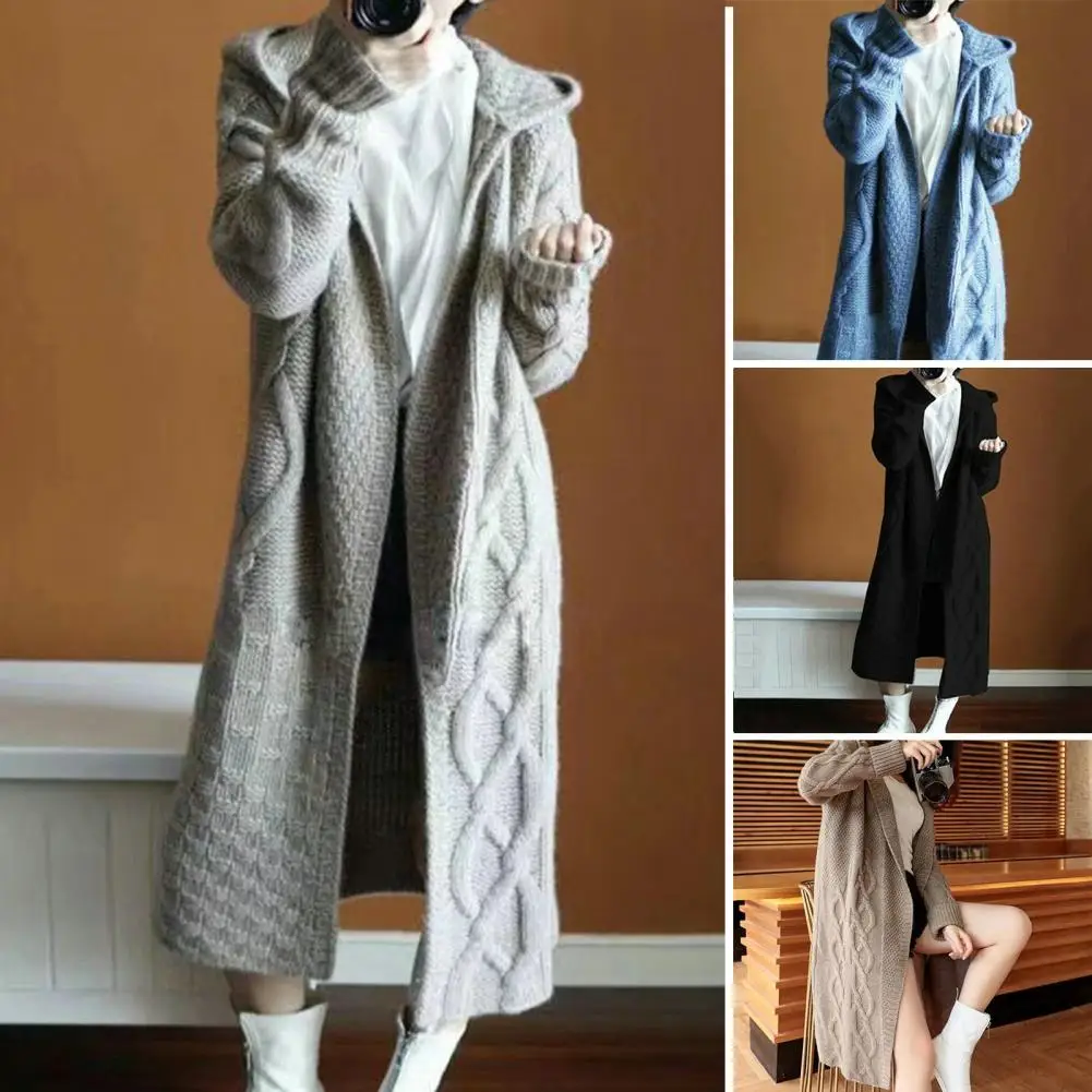 

Women Winter Sweater Coat Knitted Thick Hooded Long Sleeve Mid-calf Length Loose Cardiagn Open Stitch Solid Color Soft Oversized