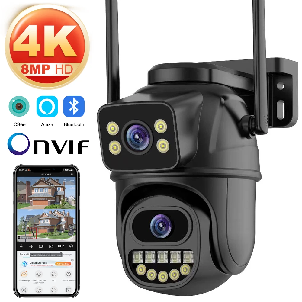 Wifi Camera Outdoor 4K 8MP HD PTZ 4MP Dual Lens Dual Screen AI Auto Tracking IP Camera CCTV Audio Video Surveillance P2P iCSee