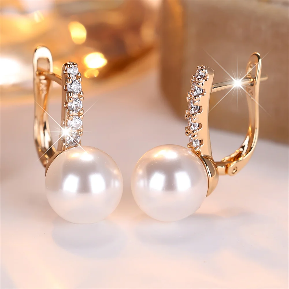 Small Round Simulated Pearl White Zircon Hoop Earrings For Women Vintage Gold Color Ear Buckle Wedding Jewelry Versatile Gifts