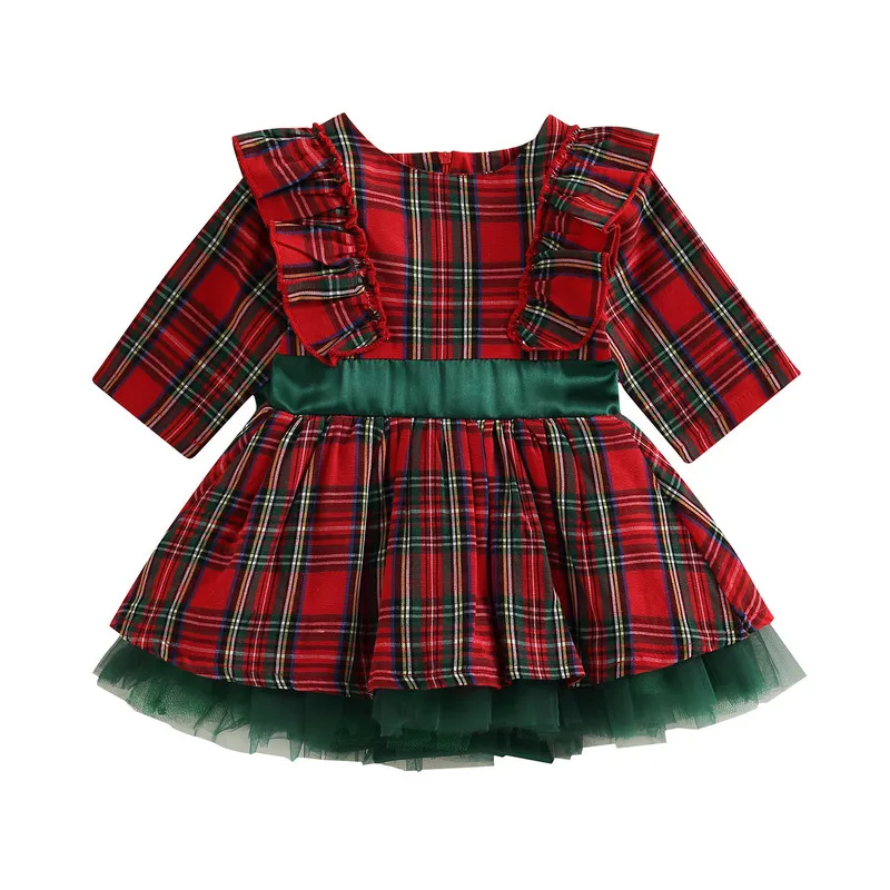 Toddler Baby Girl Christmas Dress Fall Winter Clothes Plaid Print Long Sleeve Round Neck Ruffled Tulle Patchwork A-Line Dress