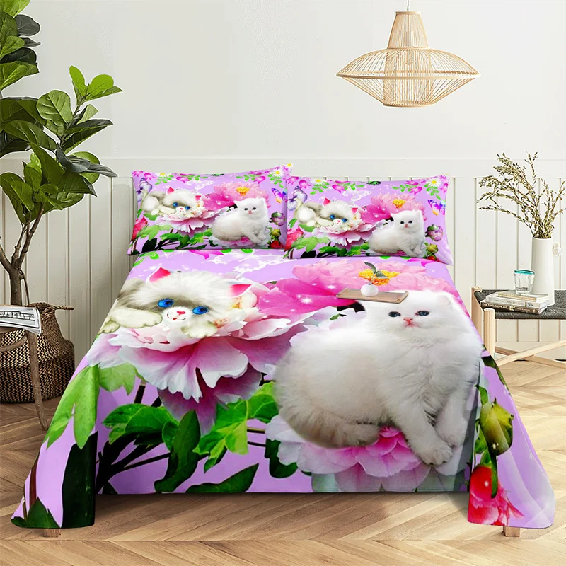 

Cute Cats，dogs Queen Sheet Set Gorgeous Girl，Lady's Room Bedding Set Bed Sheets and Pillowcases Bedding Flat Sheet Bed Sheet Set