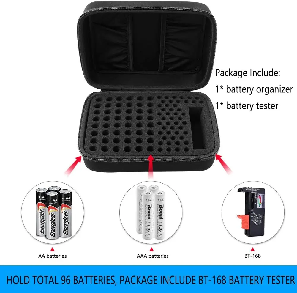 Battery Storage Box Organizer Storage Case Holder for 48 x AA 48 x AAA Total 96 Batteries with Battery Tester Extra 2 Pocket