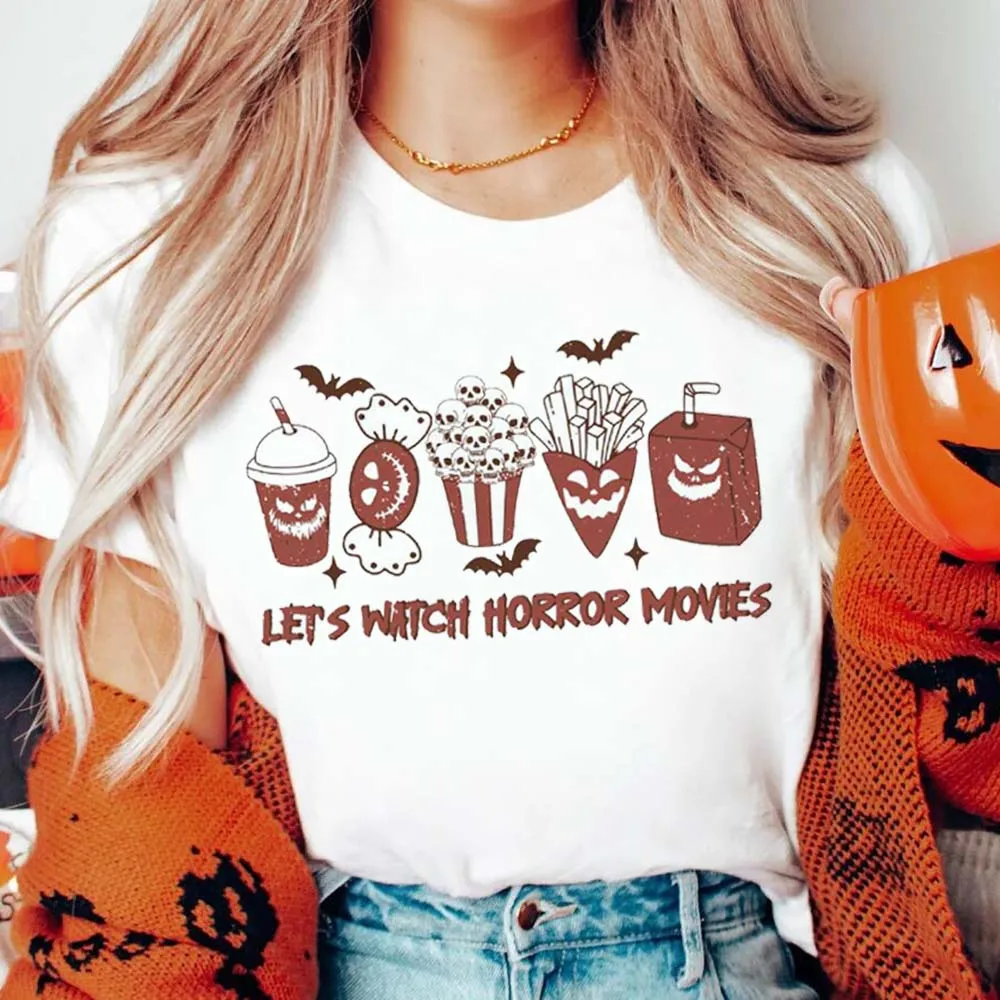 

Let Watch фильмы ужасов череп Хэллоуин футболка с принтом на Хэллоуин о-образный вырез уличный принт Модный Универсальный Мультфильм T-Shi