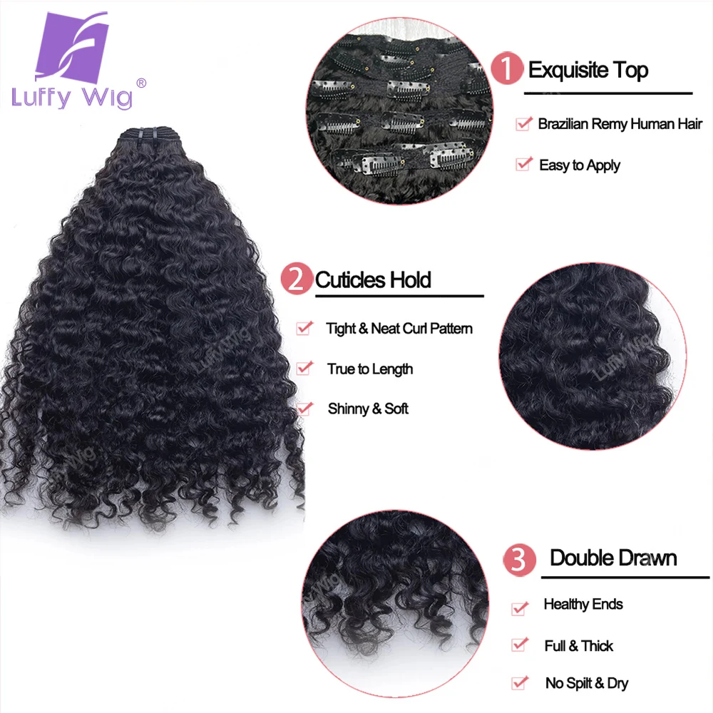 Seamless Pu Clip In Human Hair Extensions 3B 3C Afro Kinky Curly Real Brazilian Remy Clip On Human Hair Bundles 100g 7Pcs Luffy