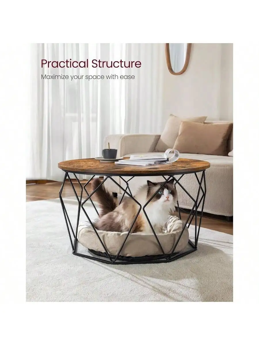 VASAGLE Round Coffee Table for Living Room, Cage Cocktail Table with Steel Frame, 31.5 Inches Dia., Industrial Style 4