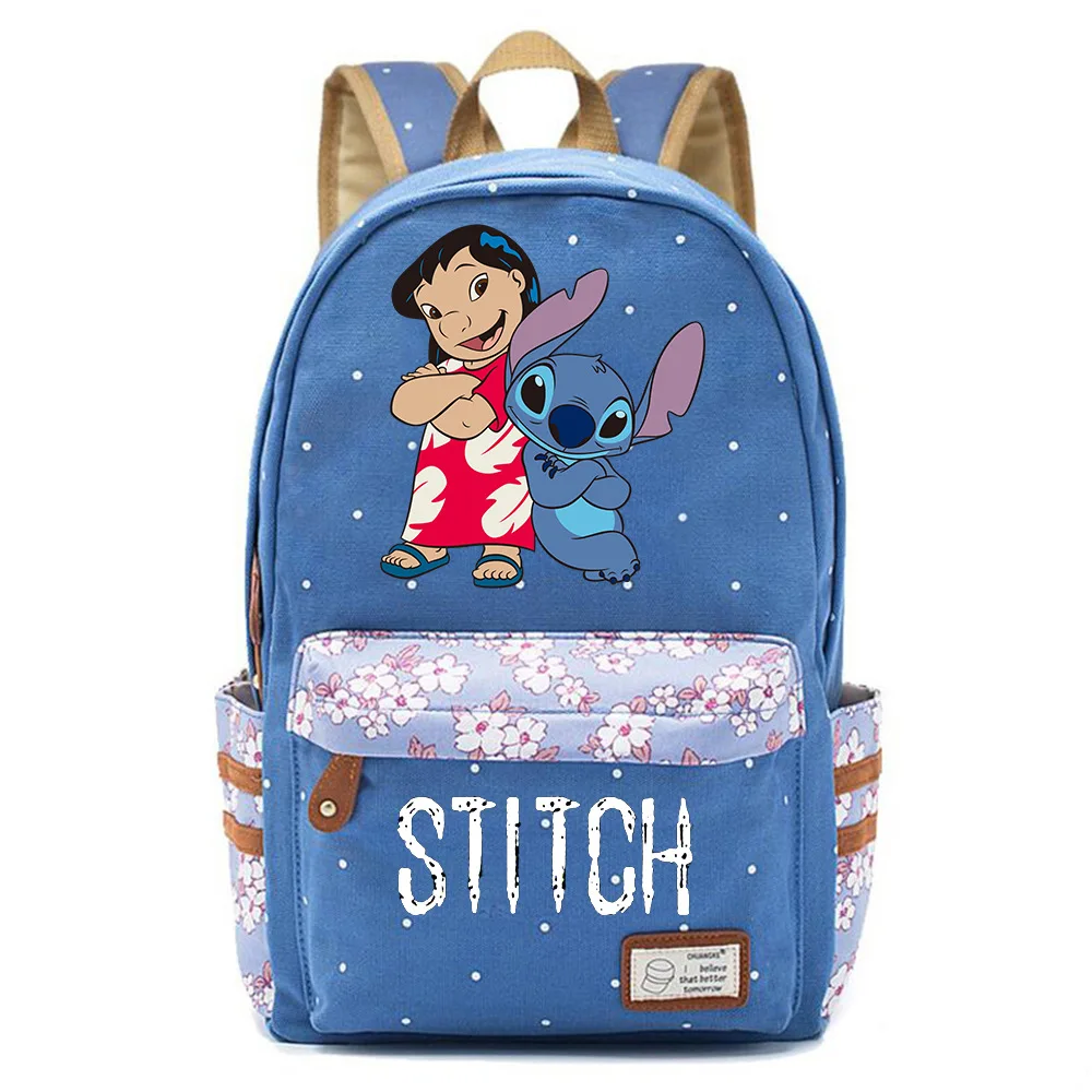 Disney Fashion Anime Cartoon Stitch Schoold bag Student Polka Dot Flower Canvas bag Travel Youth Casual Durable Backpack