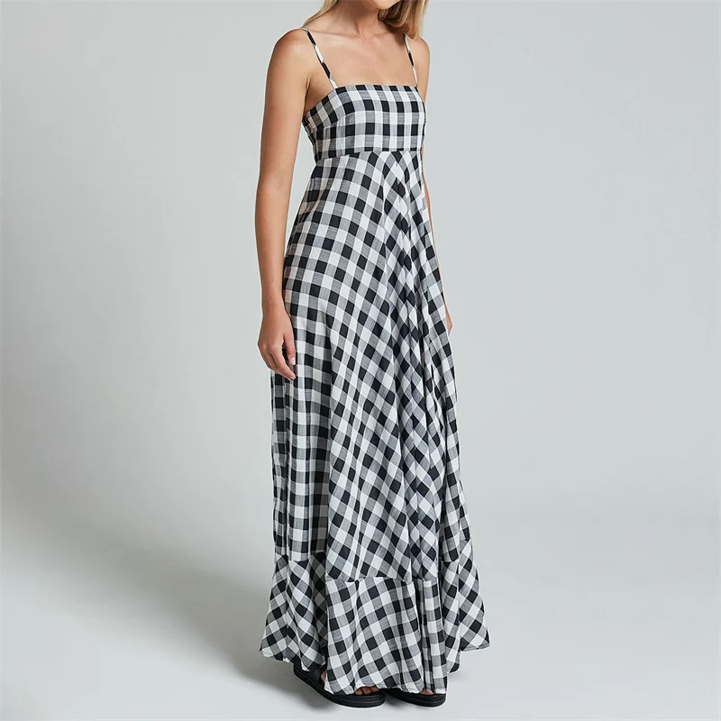 Summer Long Dresses Women Plaid Print Spaghetti Strap Sleeveless A Line Dresss Vacation Party Dresses Beachwear