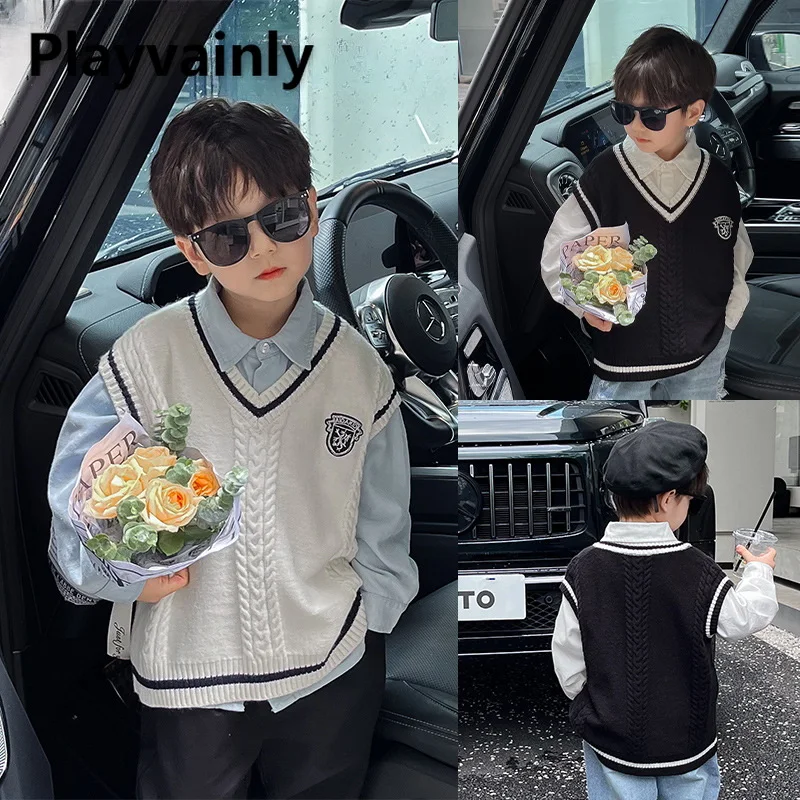 Preppy Style Autumn Kids Boy Knitted Waistcoat Milk White/Black V-neck Sleeveless Vest Children Fashion Versatile Clothes E3015