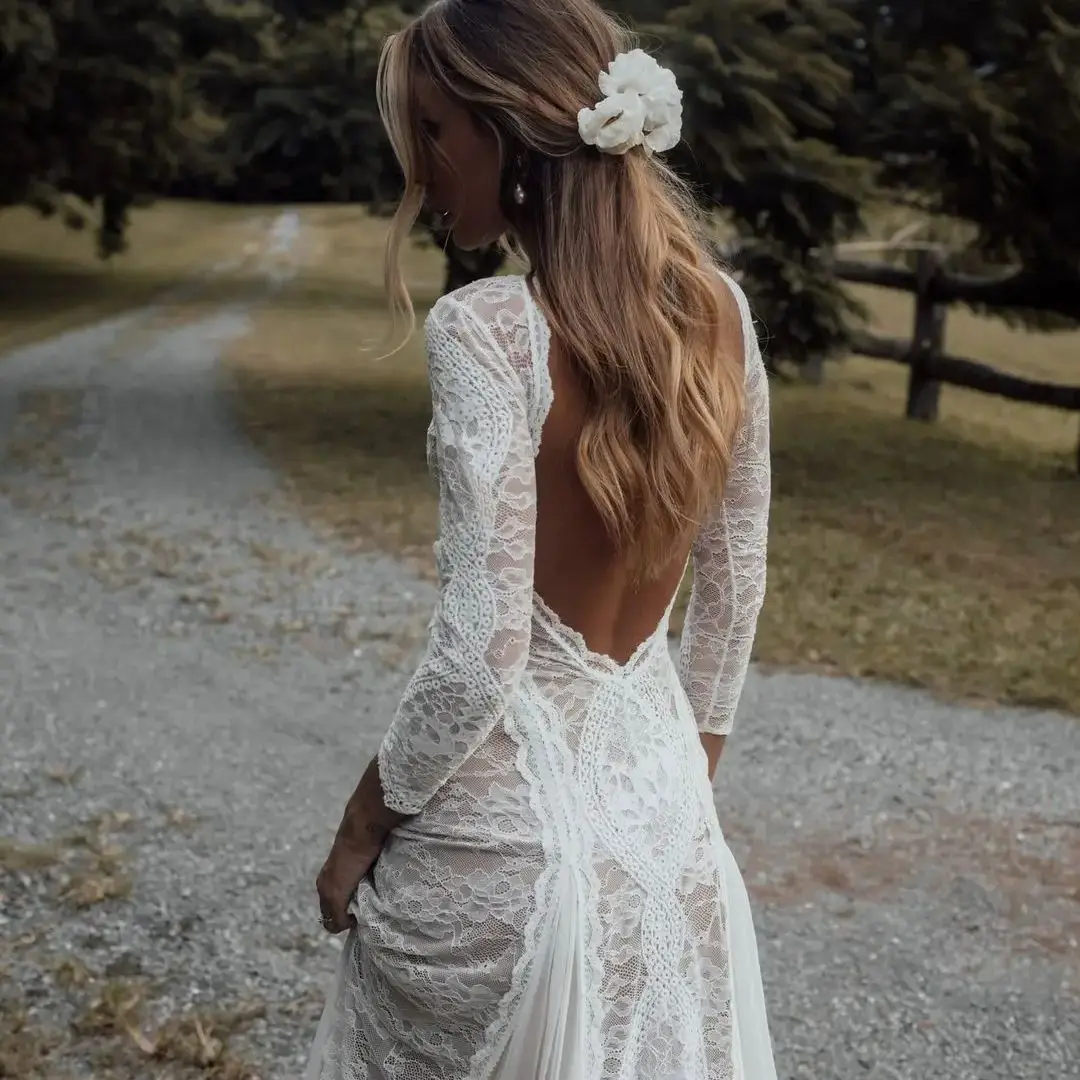 

FATAPAESE Boho Lace Wedding Dress Straight Boat Neck 7/8 Length Sleeve with Embroidery Low Sexy V-Back Bohemian Bridal Gown