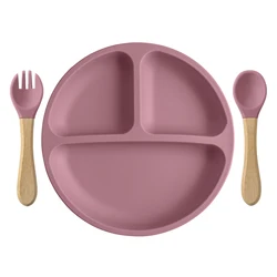 Silicone Children's Tableware Set with Wooden Utensils - 3 Piece BPA-Free Feeding Kit (A1)