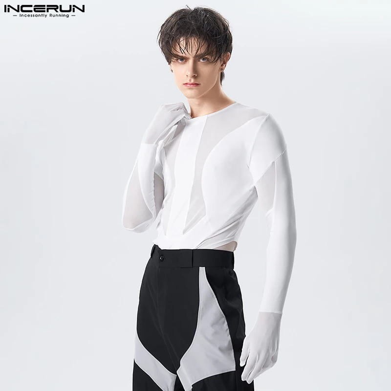 

INCERUN 2023 Homewear New Mens Structural Splicing Design Bodysuits Sexy Fashion Male See-through Thimble Triangle Rompers S-5XL