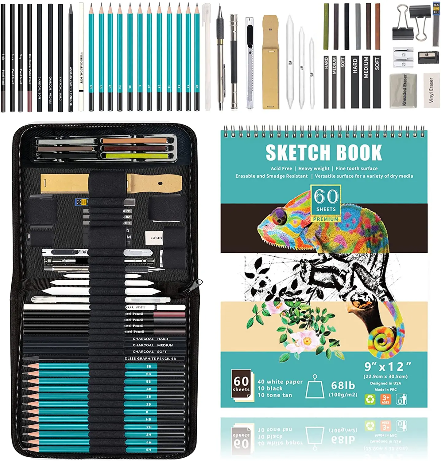 50-Piece Drawing & Sketching Art Set - Ultimate Complete Artist Kit,  Graphite and Charcoal Pencils & Sticks, Pastels, Erasers