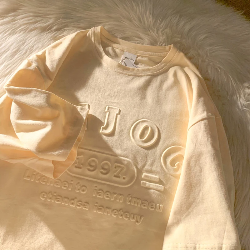 

American Retro Solid Color Tops Women's Short Drop Sleeve O-Neck Loose T-Shirt Harajuku Vintage Letter Print All-Matched Tees